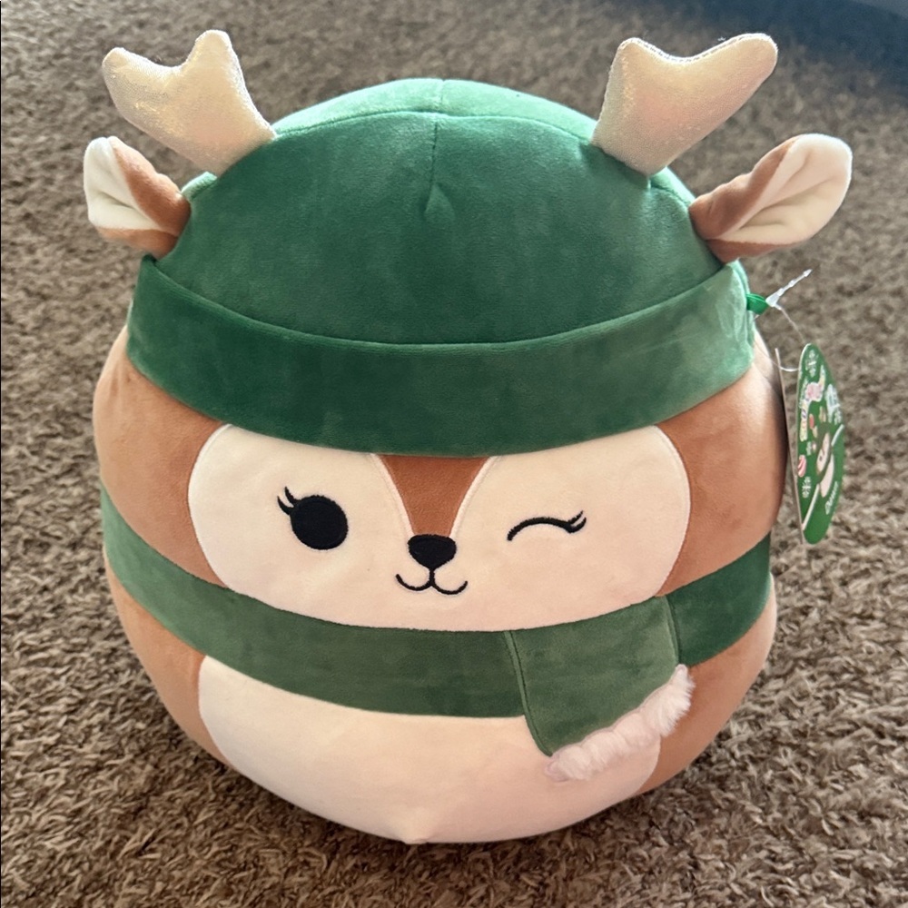 Squishmallows Green and‎ Brown Reindeer Stuffed Animal. 12 inches
